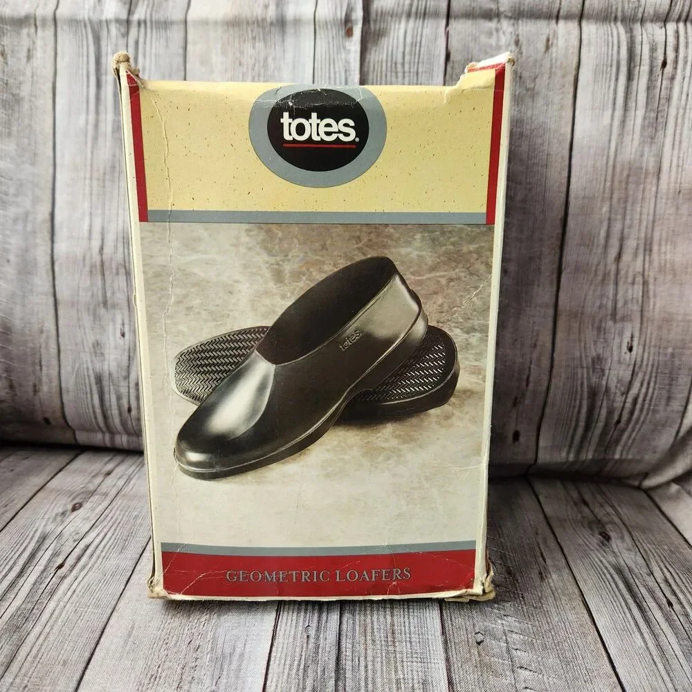 Totes Mens Rubber Loafer Rain Covers Overshoe Black Geometric Medium 8.5-9.5 NIB